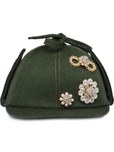 Shop Miu Miu Embellished Cloth Cap In F0161 Military Green