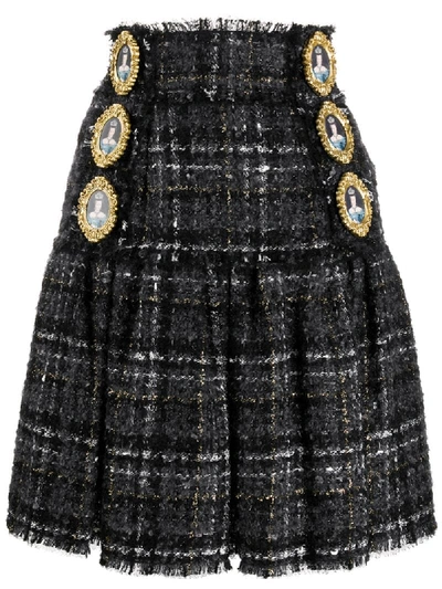 Shop Dolce & Gabbana Queen Buttons Tweed Skirt In Black