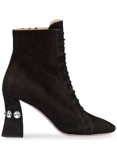 Shop Miu Miu Embellished Heel Ankle Boots In Black