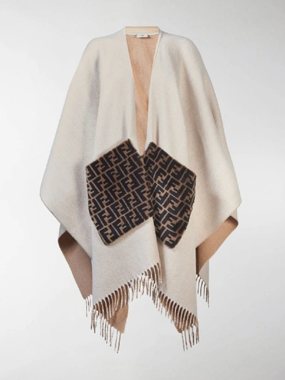 Shop Fendi Fringed Logo Cashmere And Wool Poncho In Neutrals