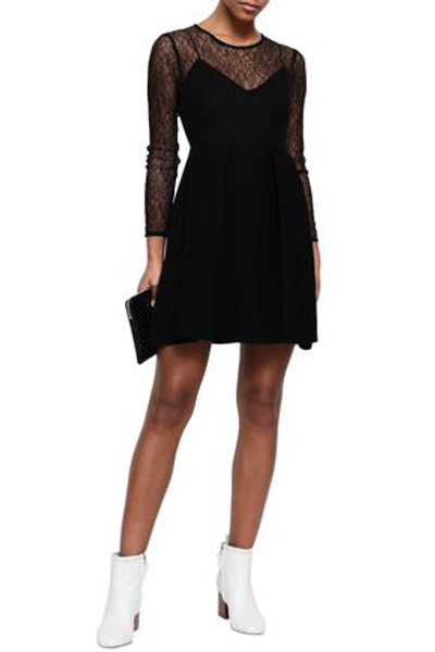 Shop Sandro Flared Pleated Lace And Plissé-woven Mini Dress In Black