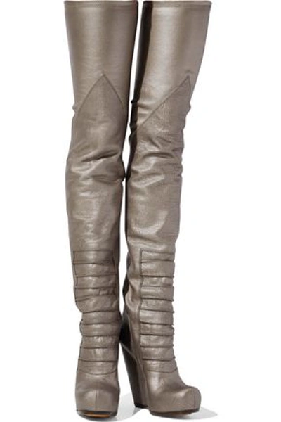 Shop Rick Owens Ruhlmann Metallic Textured-leather Wedge Thigh Boots In Silver