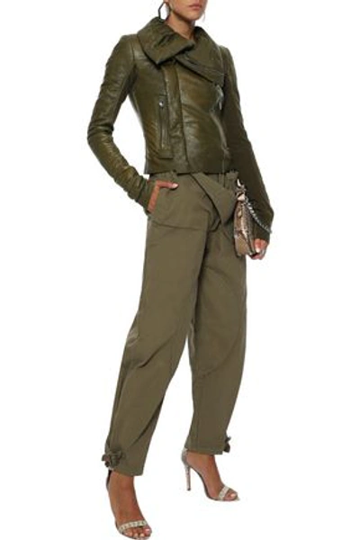 Shop Rick Owens Cropped Coated-leather Biker Jacket In Army Green