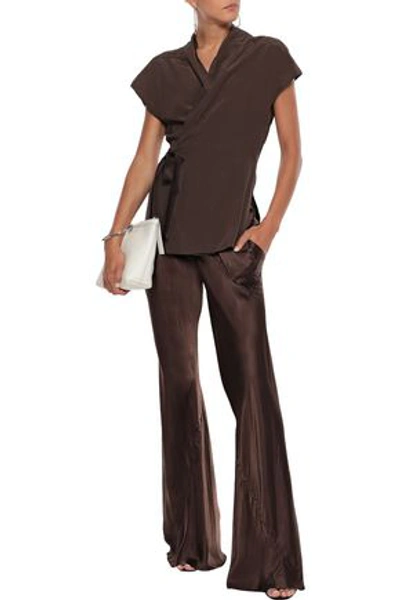 Shop Rick Owens Woman Washed-silk Wrap Top Chocolate