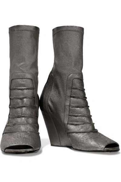 Shop Rick Owens Woman Ruhlmann Metallic Cracked And Stretch-leather Wedge Ankle Boots Platinum