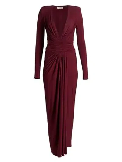 Shop Alexandre Vauthier Women's Gathered Jersey Plunging Long-sleeve Gown In Burgundy