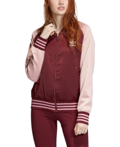 Shop Adidas Originals Bellista Satin Bomber Jacket In Maroon/pink Spirit