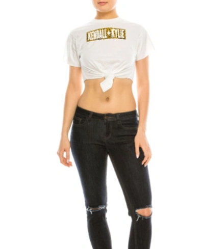 Shop Kendall + Kylie Crew Neck Tied Up Crop Top Tee In White