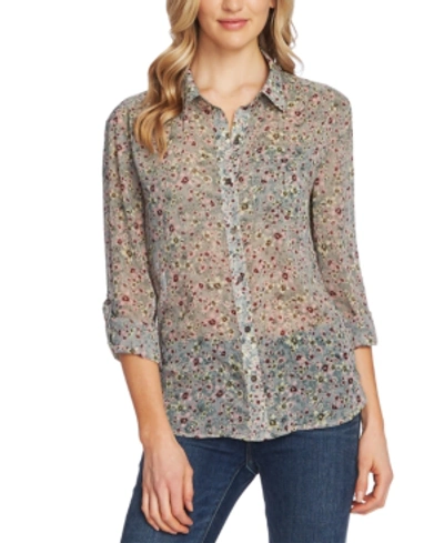 Shop Vince Camuto Floral-print Sheer Blouse In Soft Juniper Ash