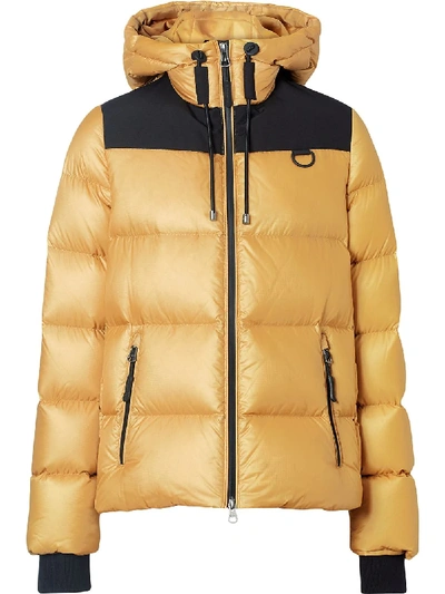 Shop Burberry Logo Print Hooded Puffer Jacket In Yellow