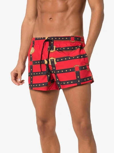 Shop Versace Harness Print Swim Shorts In Red