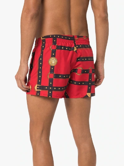 Shop Versace Harness Print Swim Shorts In Red
