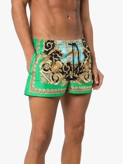 Shop Versace Baroque Drawstring Swim Shorts In Green