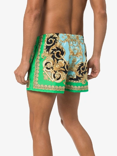 Shop Versace Baroque Drawstring Swim Shorts In Green