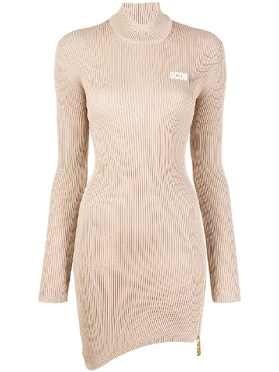 Shop Gcds Asymmetric Ribbed Dress In Neutrals