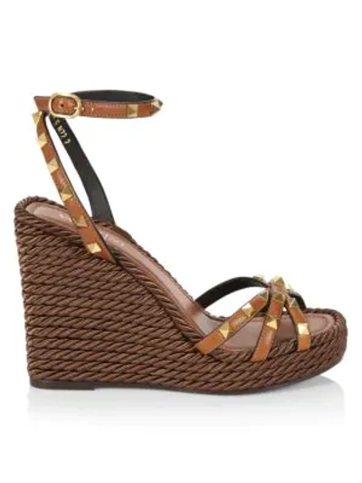 Shop Valentino Garavani Rockstud Leather Espadrille Wedges In Brown