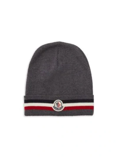 Shop Moncler Striped Wool Logo Patch Beanie Hat In Charcoal