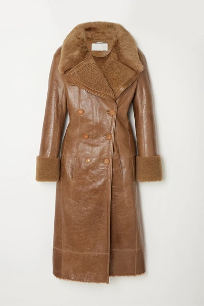 Shop Chloé Double-breasted Glossed-shearling Coat In Brown