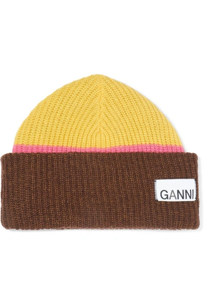 Shop Ganni Ribbed Striped Wool-blend Beanie In Lime Green