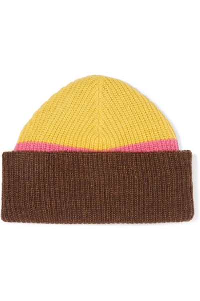 Shop Ganni Ribbed Striped Wool-blend Beanie In Lime Green