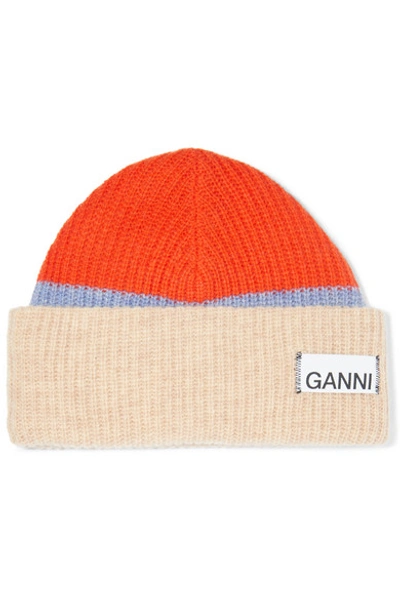 Shop Ganni Ribbed Striped Wool-blend Beanie In Beige