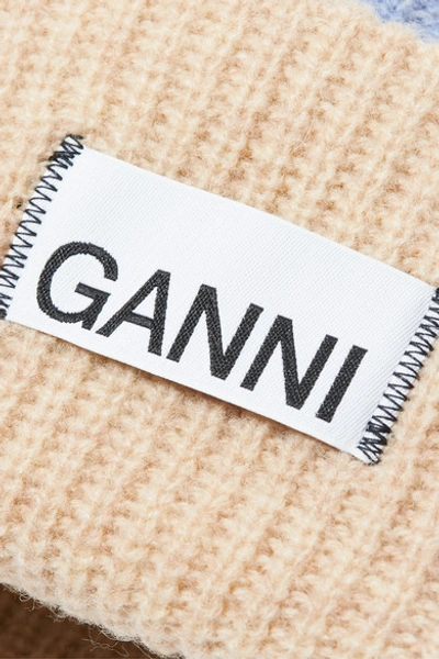 Shop Ganni Ribbed Striped Wool-blend Beanie In Beige