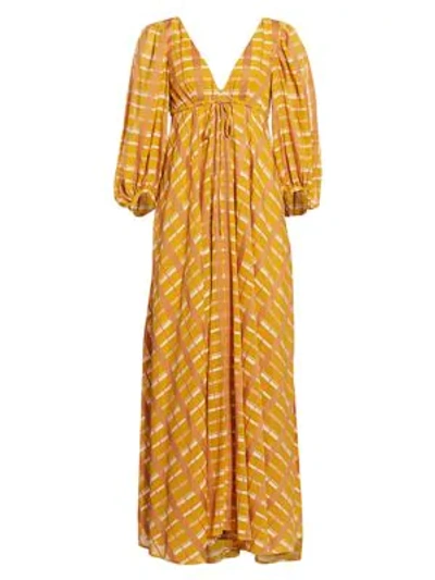 Shop Staud Amaretti Checker Puff-sleeve Maxi Dress In Mustard Plaid