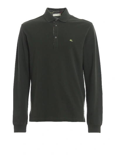 Shop Etro Pique Long Sleeve Polo Shirt In Dark Green