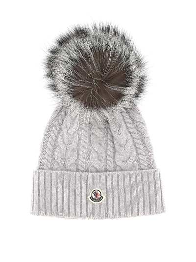 Shop Moncler Fur Pompom Cable Knit Wool Beanie In Light Grey