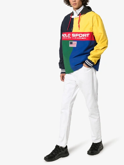 Shop Polo Ralph Lauren Colour Block Logo Print Hooded Jacket In Blue