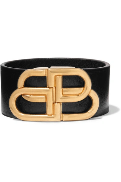 Shop Balenciaga Leather And Gold-tone Bracelet In Black