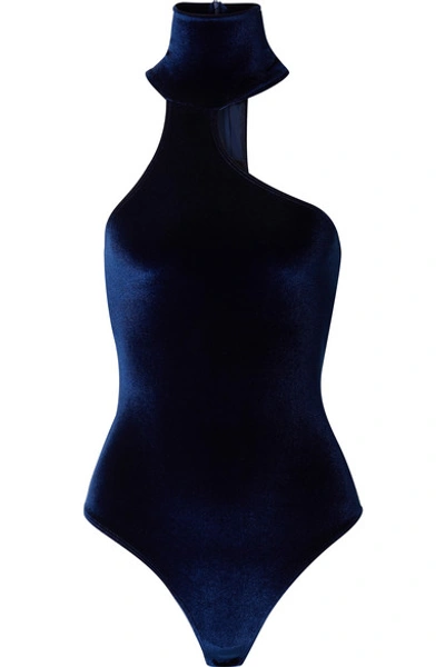 Shop Alix Nyc Carmine Cutout Stretch-velvet Turtleneck Thong Bodysuit In Midnight Blue