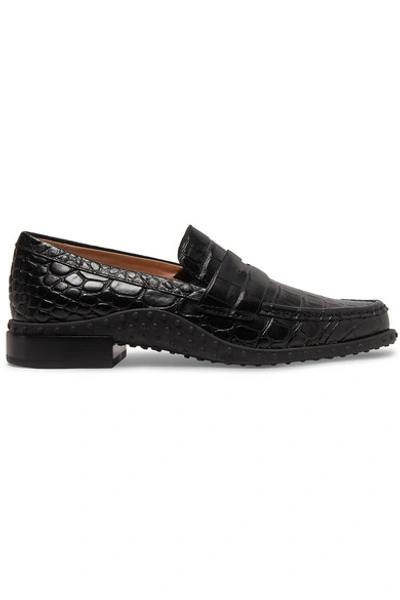 Shop Tod's Croc-effect Leather Loafers In Black