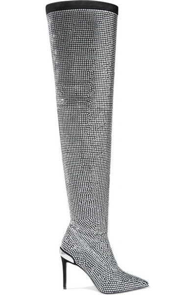 Shop Balmain Odalys Crystal-embellished Suede Over-the-knee Boots In Silver