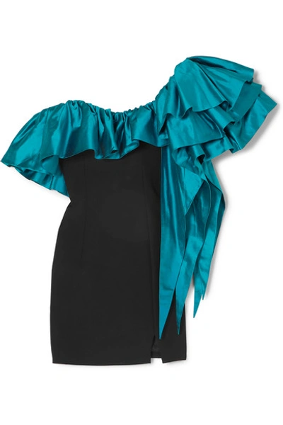 Shop Rasario One-shoulder Ruffled Shantung And Crepe Mini Dress In Turquoise