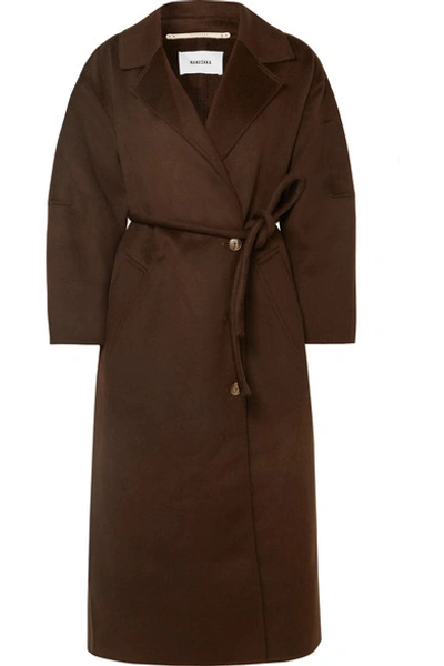 Shop Nanushka Loane Oversized Belted Wool And Silk-blend Coat In Dark Brown