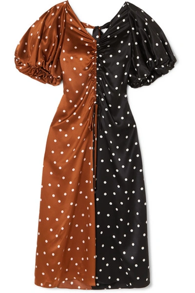 Shop Lee Mathews Talulah Ruched Polka-dot Silk-satin Midi Dress In Brown