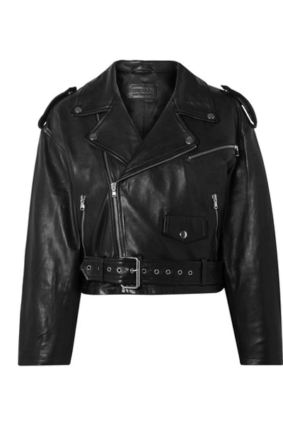 Shop Sprwmn Cropped Leather Biker Jacket In Black
