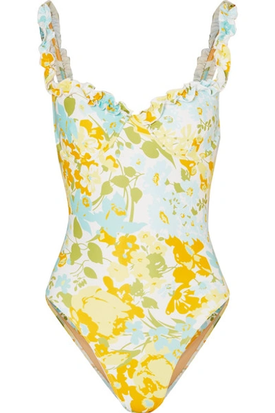 Shop Faithfull The Brand Hilda Ruffled Floral-print Underwired Swimsuit In Blue