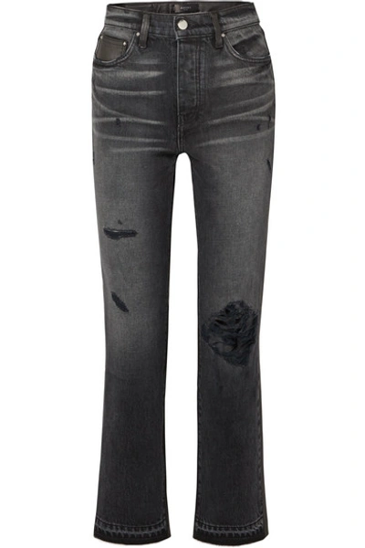 Shop Amiri Cropped Leather-paneled Distressed High-rise Straight-leg Jeans In Black