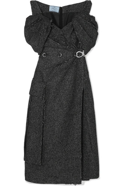 Shop Prada Off-the-shoulder Ruched Embellished Wool-blend Tweed Midi Dress In Gray