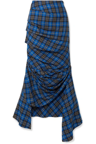 Shop A.w.a.k.e. Gathered Checked Twill Midi Skirt In Cobalt Blue