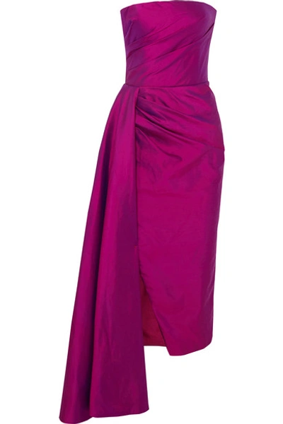 Shop Rasario Strapless Draped Silk-shantung Midi Dress In Magenta
