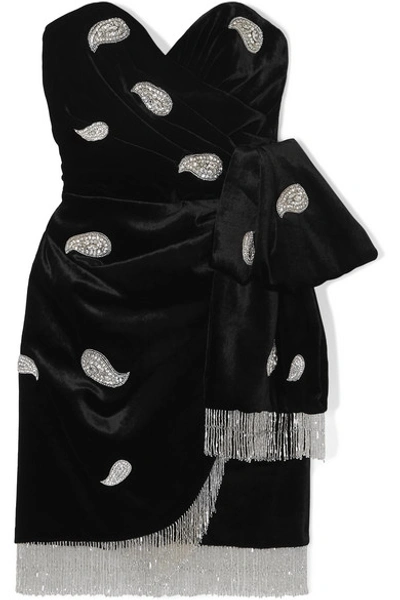 Shop Dundas Strapless Crystal-embellished Fringed Velvet Mini Dress In Black