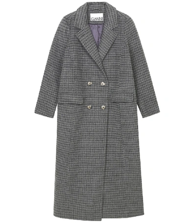 Shop Ganni Check Wool Long Jacket In Charcoal Grey
