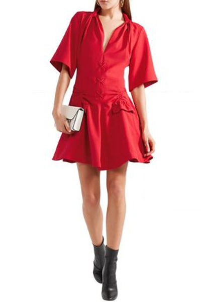 Shop Carven Woman Lace-up Ruched Canvas Mini Dress Crimson