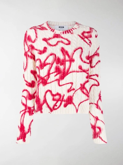 Shop Msgm Heart Print Cable Knit Jumper In White