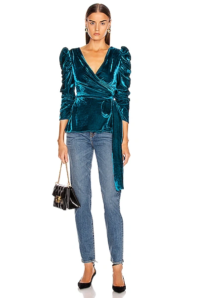 Shop Patbo Velvet Puff Sleeve Wrap Top In Azure