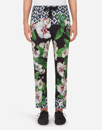 Shop Dolce & Gabbana Linen Jogging Pants With Orchid Print In Floral Print