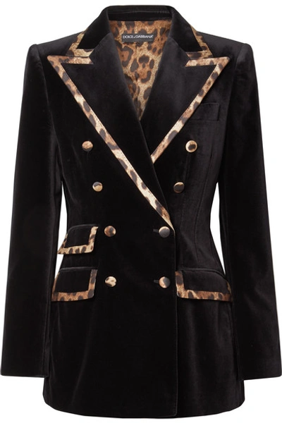 Shop Dolce & Gabbana Leopard-print Satin-trimmed Cotton And Silk-blend Velvet Blazer In Black
